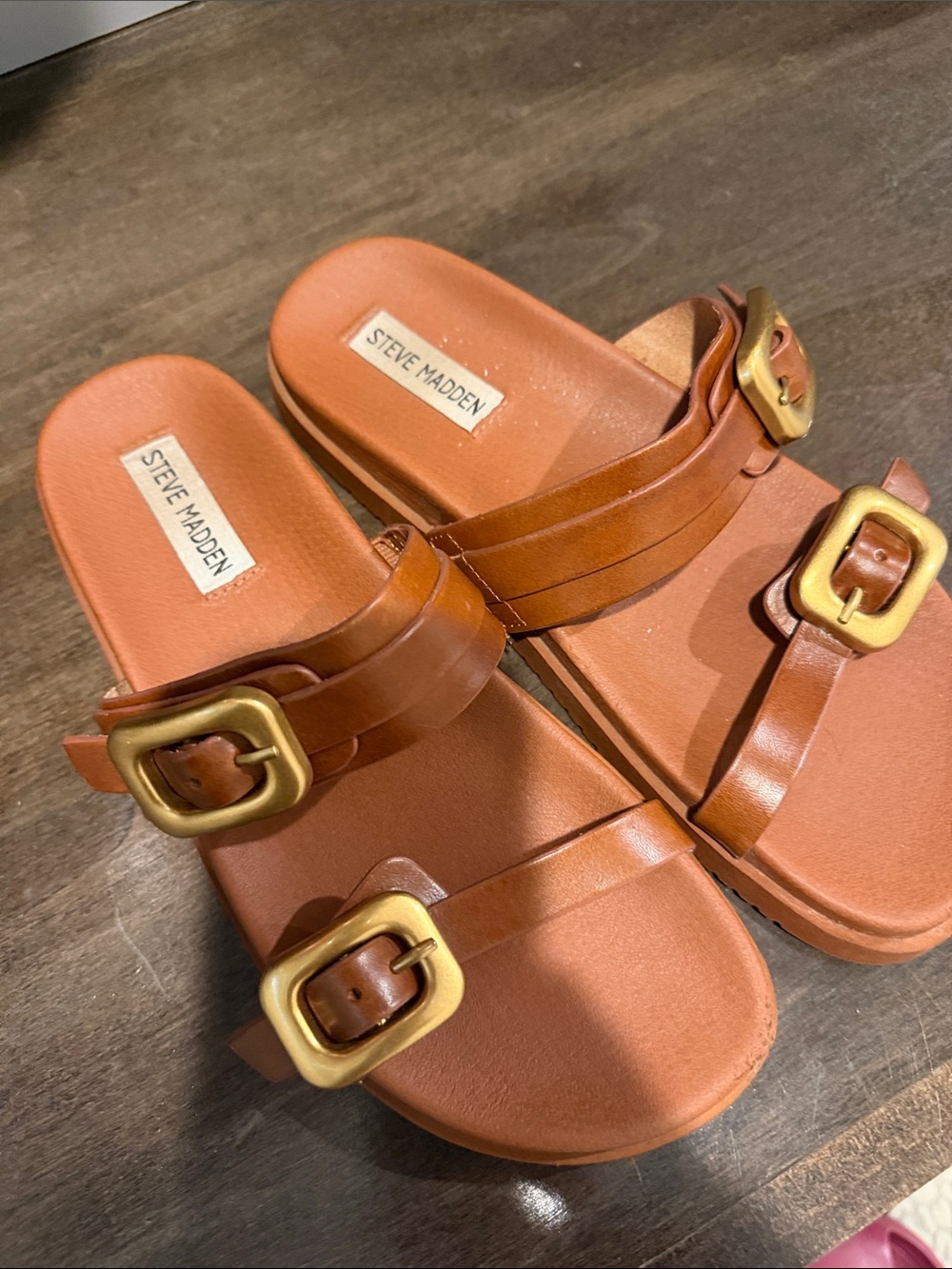 Steve Madden Cognac Leather Double Buckle Slide Sandals